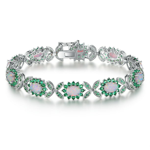 Natural Emerald /& Fire Opal Bracelet 925 Sterling Silver Tennis Bracelet Gemstone Bracelet Dual Birthstone Gift For Her Women Bracelet